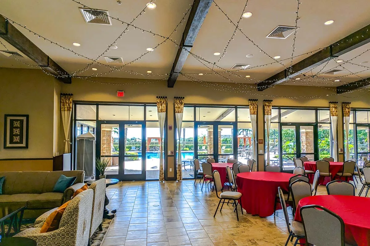 Event room in the amenity center at Esplanade at Hacienda Lakes, Naples.