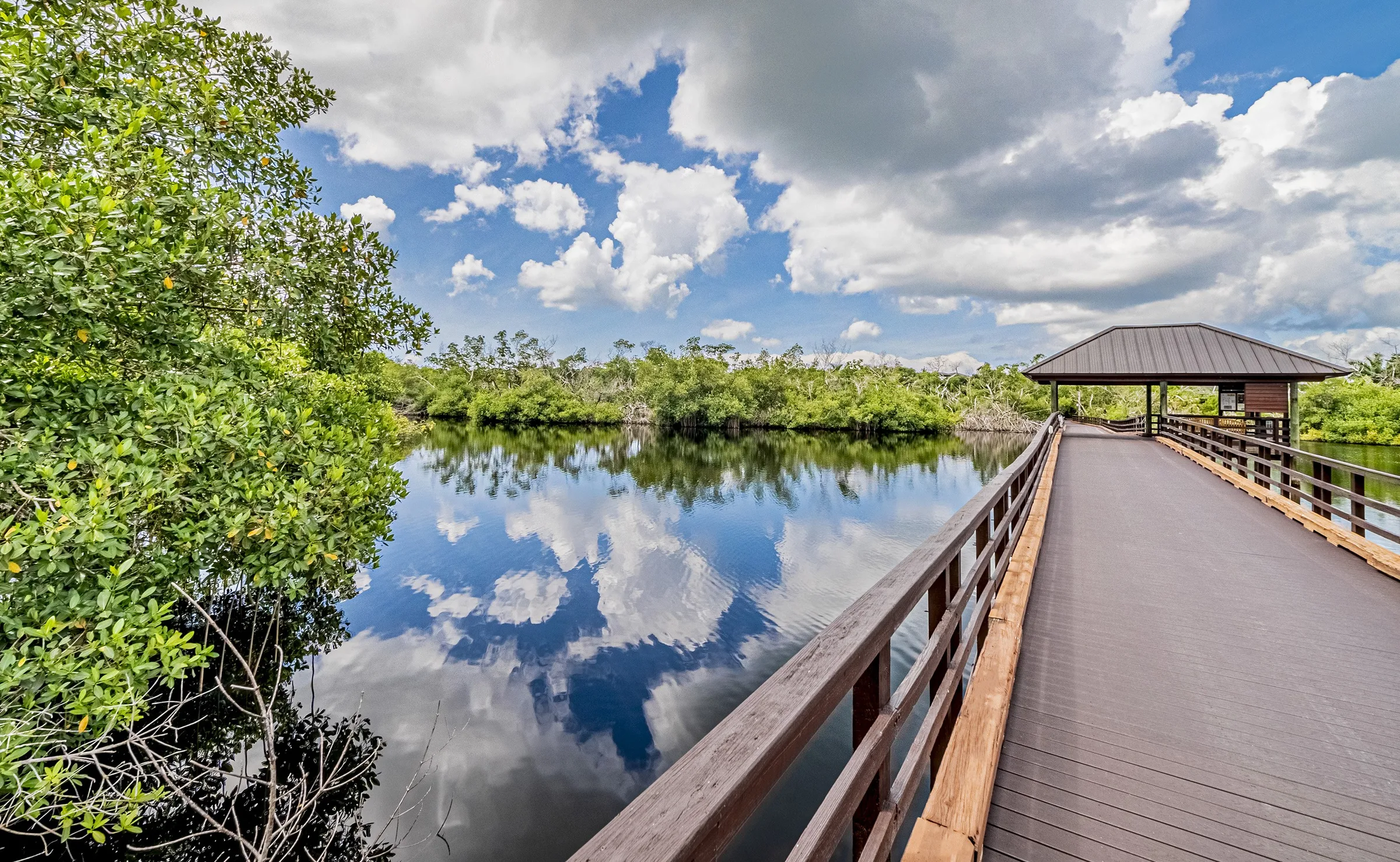 Mangrove boardwalk and pavilion over calm water at Hideaway Beach Club (official club site).