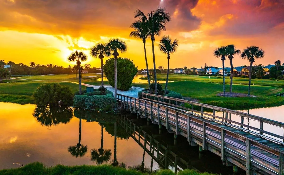 Wooden bridge and golf course at sunset, The Dunes Golf and Tennis Club, Sanibel (official).