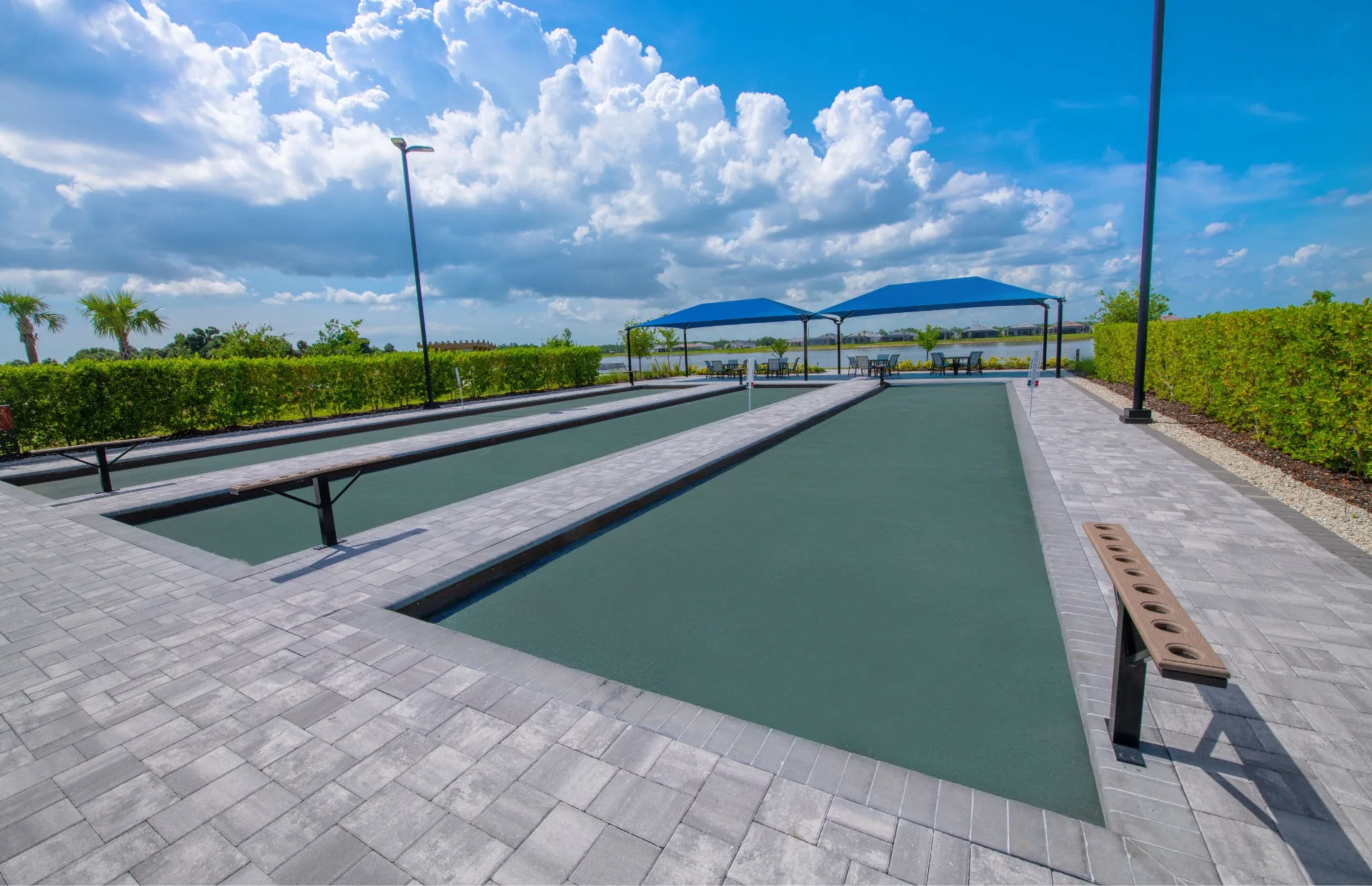 Bocce courts at the Del Webb Oak Creek amenity campus, North Fort Myers (official Del Webb site).