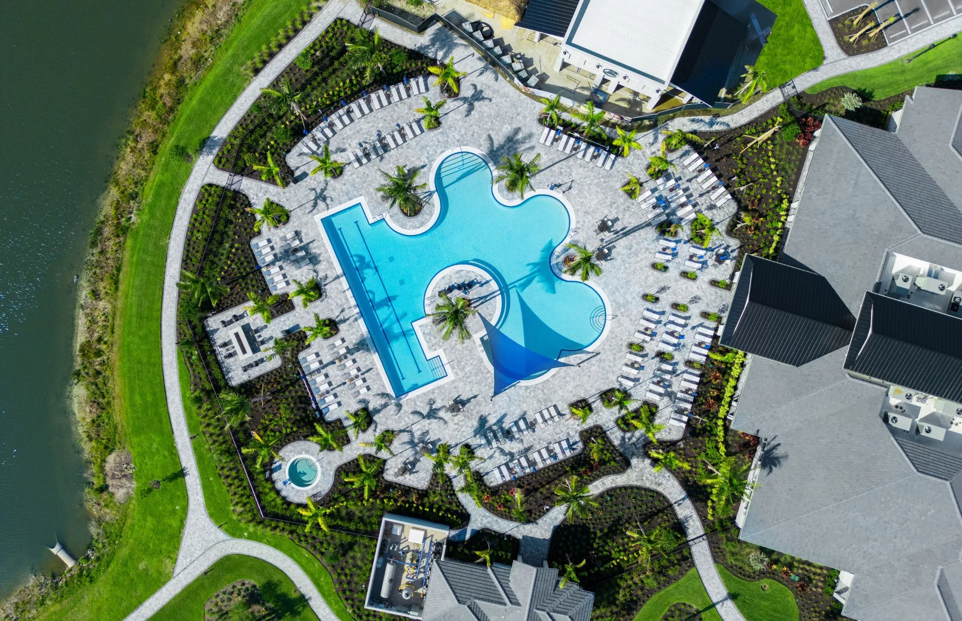 Aerial of the resort pool deck at Del Webb Oak Creek, North Fort Myers (official Del Webb site).