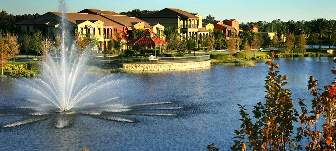 Paseo fountain, gazebo and village-center pond