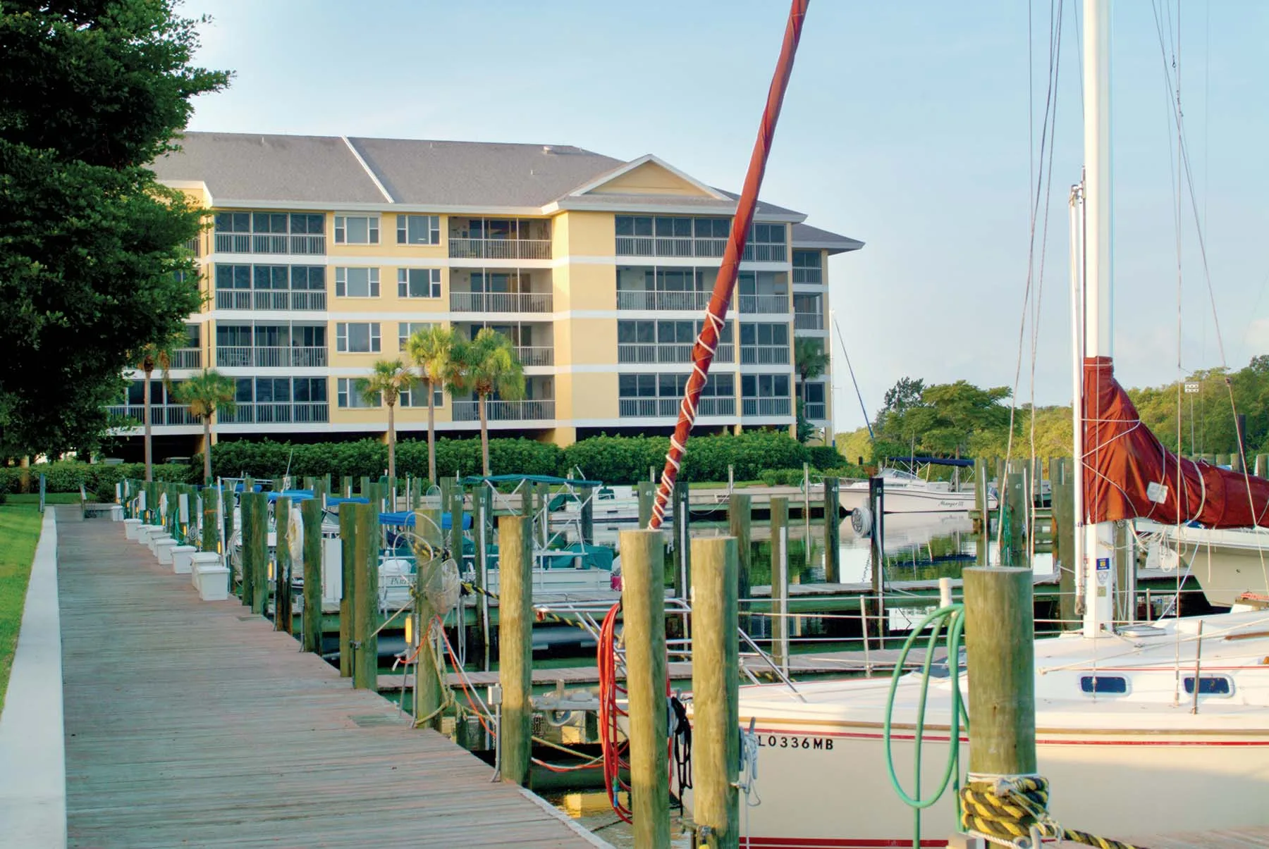 Boardwalk and boat docks amenity at Shell Point (official amenities).