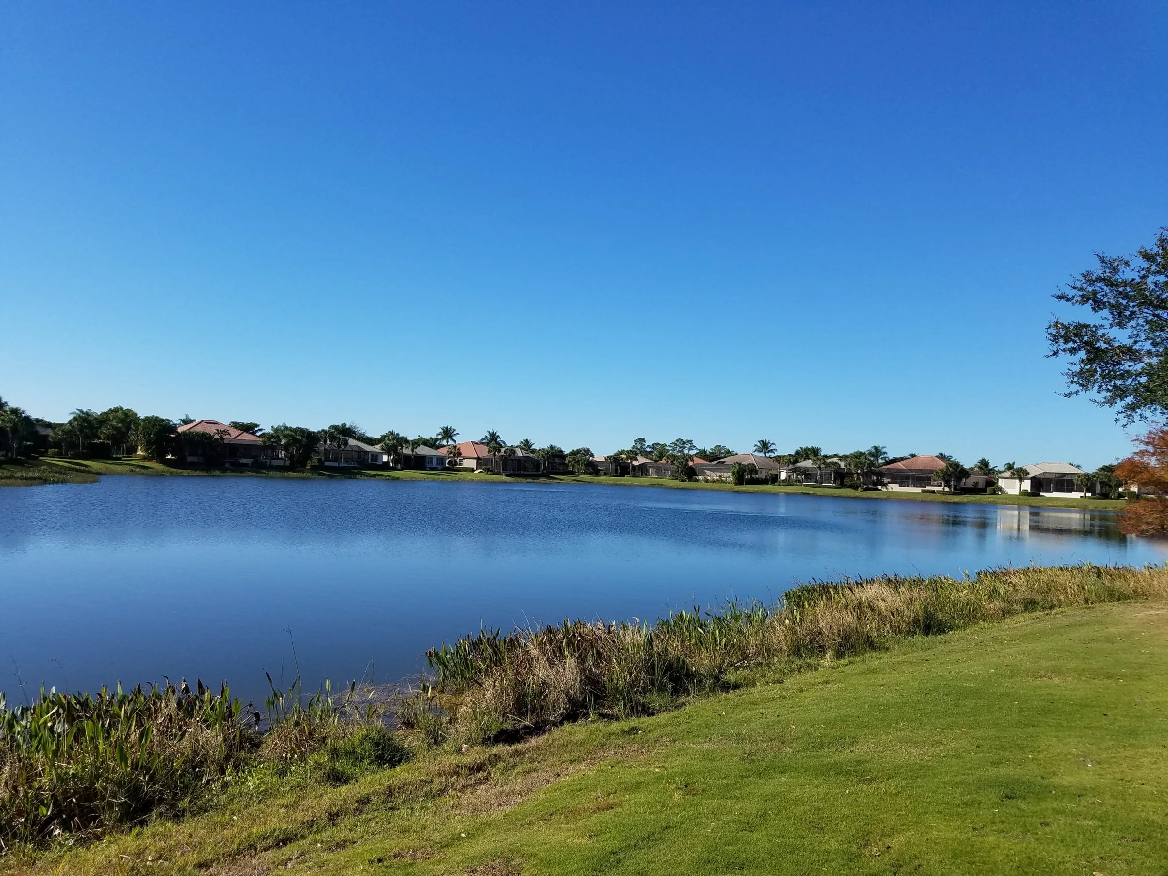 Lake view with homes across the water at Crown Colony, Fort Myers (official community and club sites).
