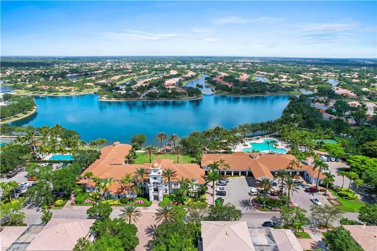 Aerial view of the Island Walk Town Center and lake, Naples.