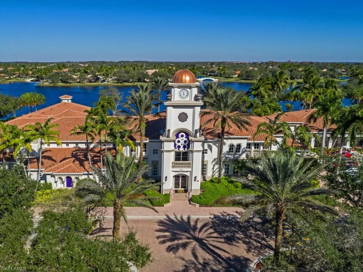Aerial view of the Town Center clock tower at Island Walk, Naples.